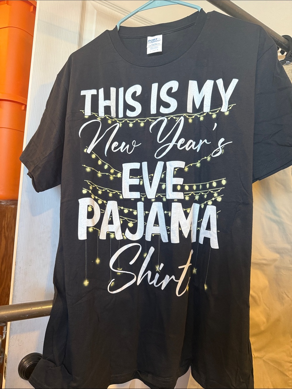 Amazon Black New Year's Eve Pajama Shirt with Gold Light Graphic